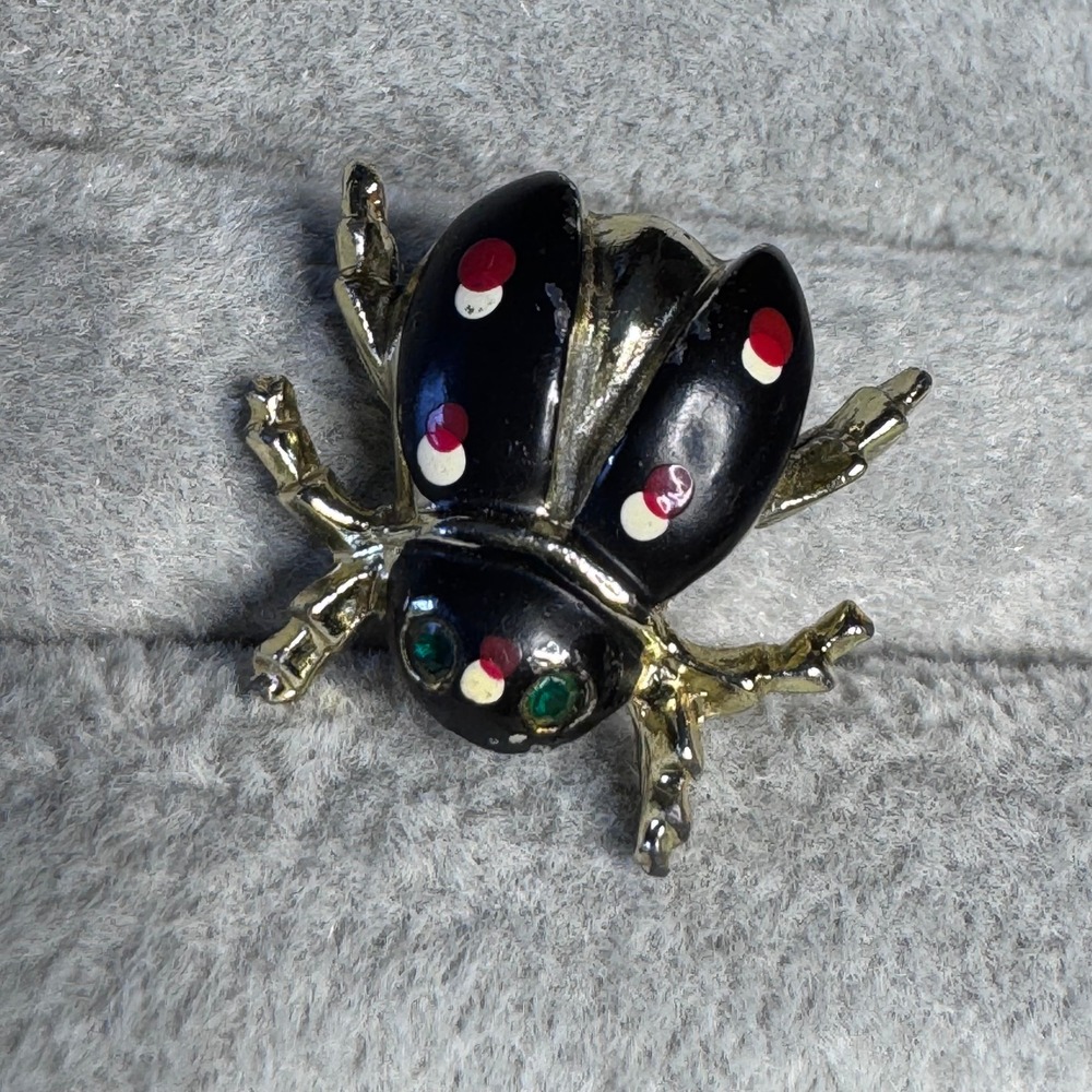 Vintage Ladybug Beetle Brooch Pin Black Enamel Red Polka Dot Green Eyes GoldTone